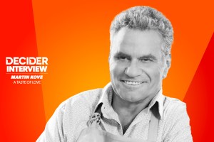 Martin Kove in black and white on a bright orange background